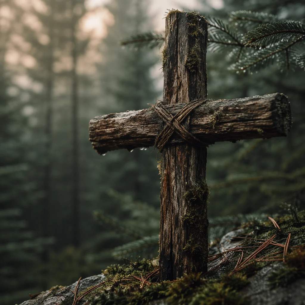 Rugged Wooden Cross in Evergreen Dawn