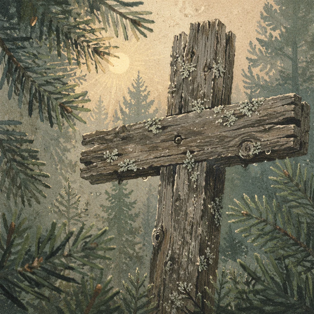 Rugged Wooden Cross Among Evergreen Branches