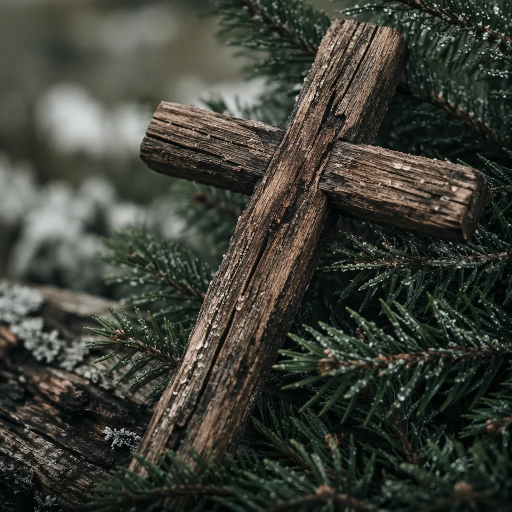 Rugged Wooden Cross Among Evergreen Branches