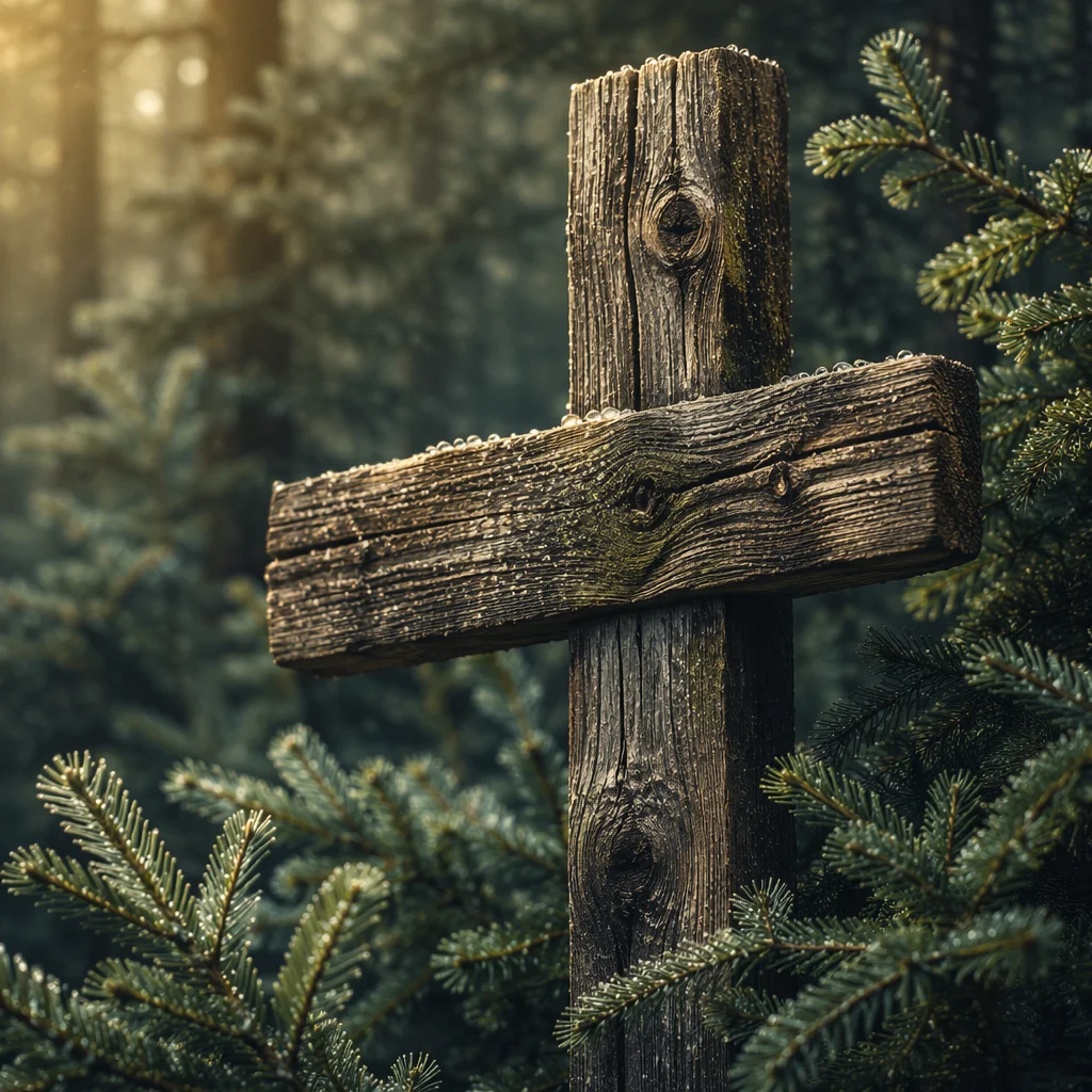 Rugged Wooden Cross in Evergreen Forest