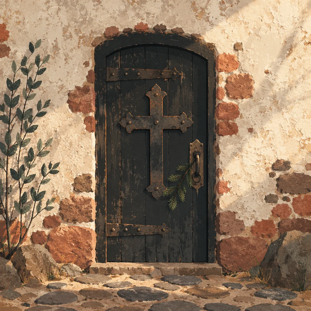Rugged Iron Cross on Rustic Stone Door