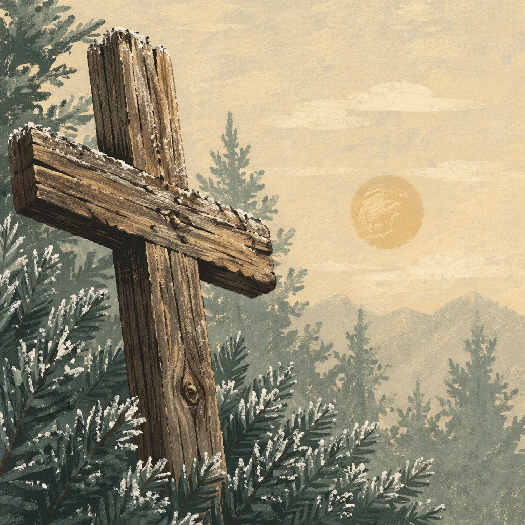 Rugged Wooden Cross Among Frosted Evergreens