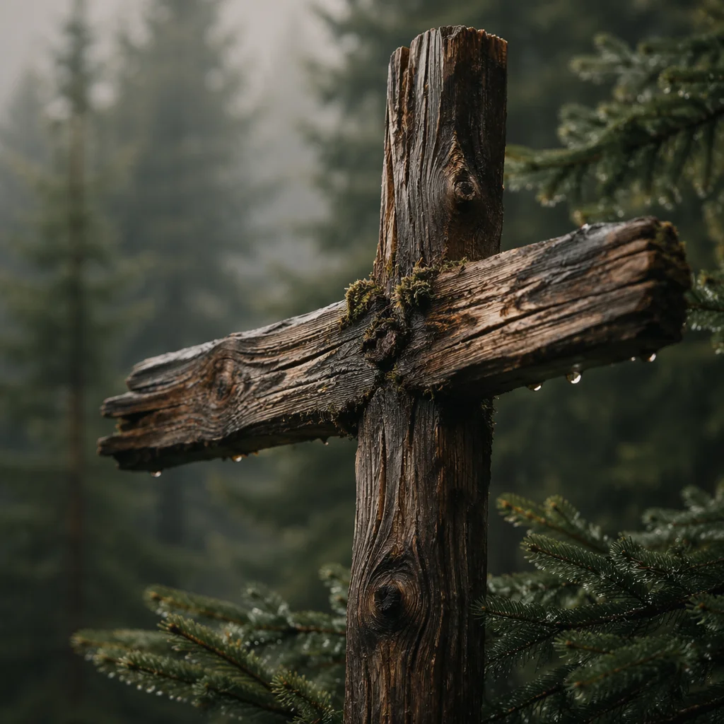 Rugged Wooden Cross in Evergreen Forest