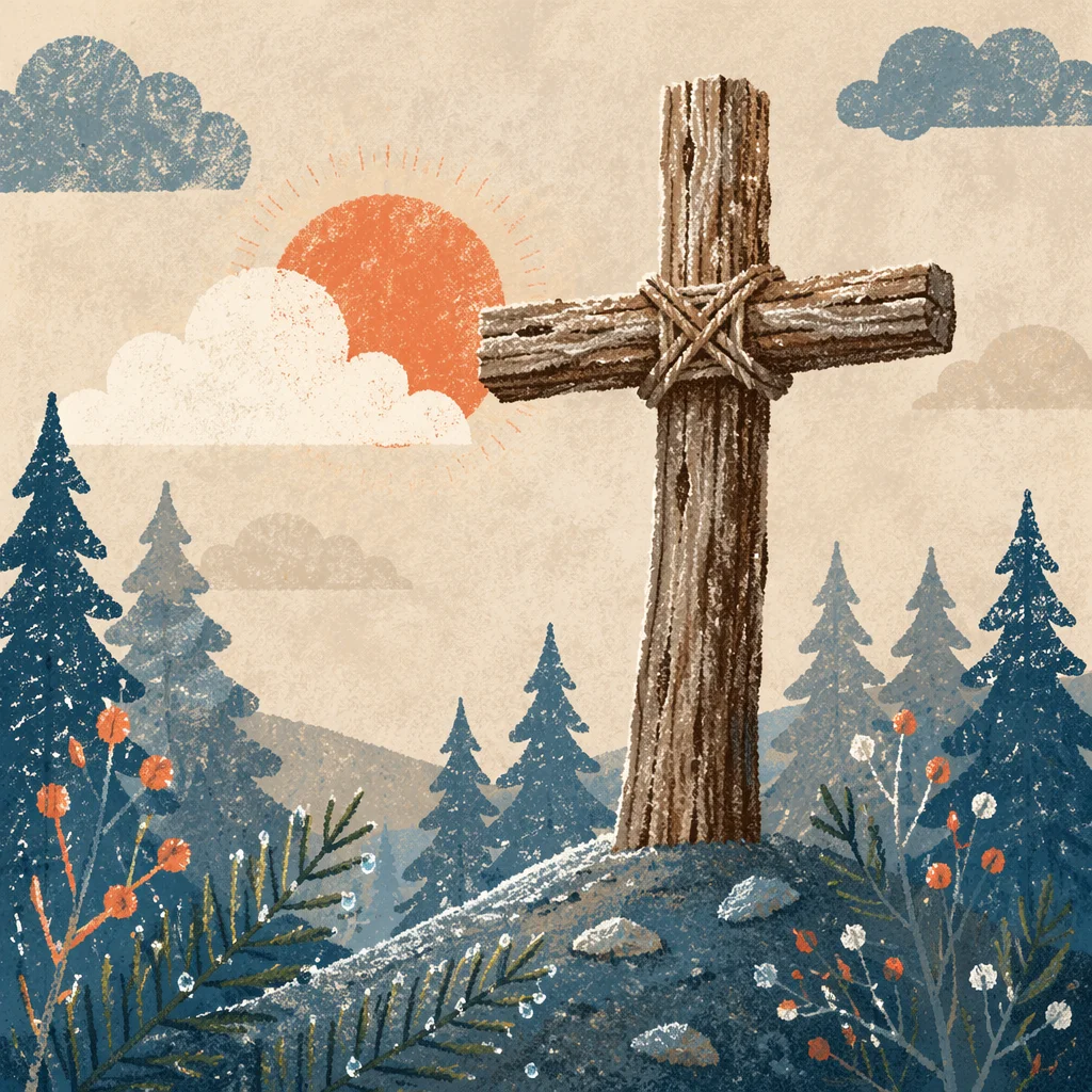 Rugged Wooden Cross in Evergreen Dawn