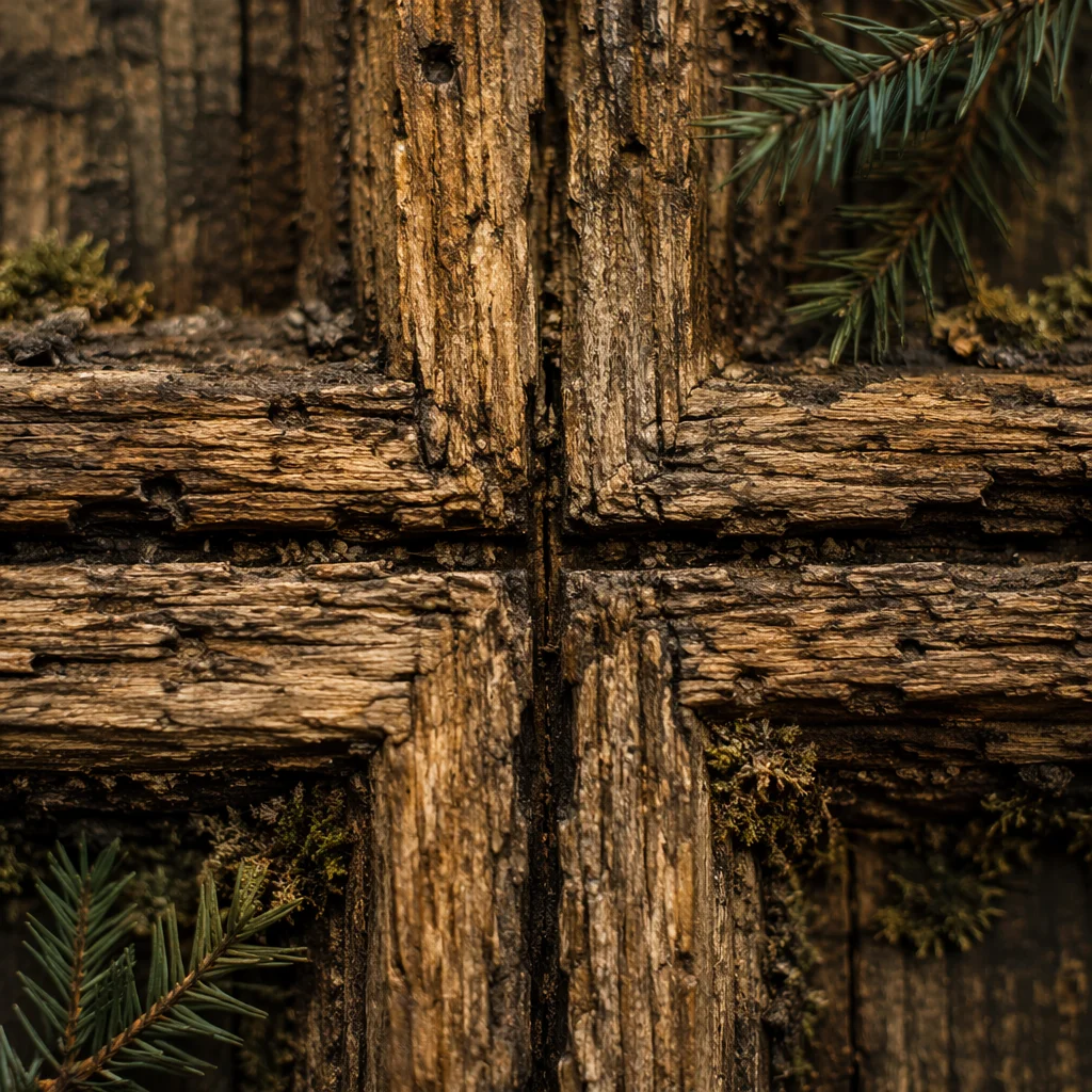Rugged Wooden Cross with Evergreen Texture