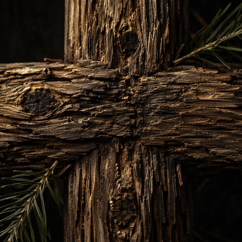 Rugged Wooden Cross Evergreen Macro Texture