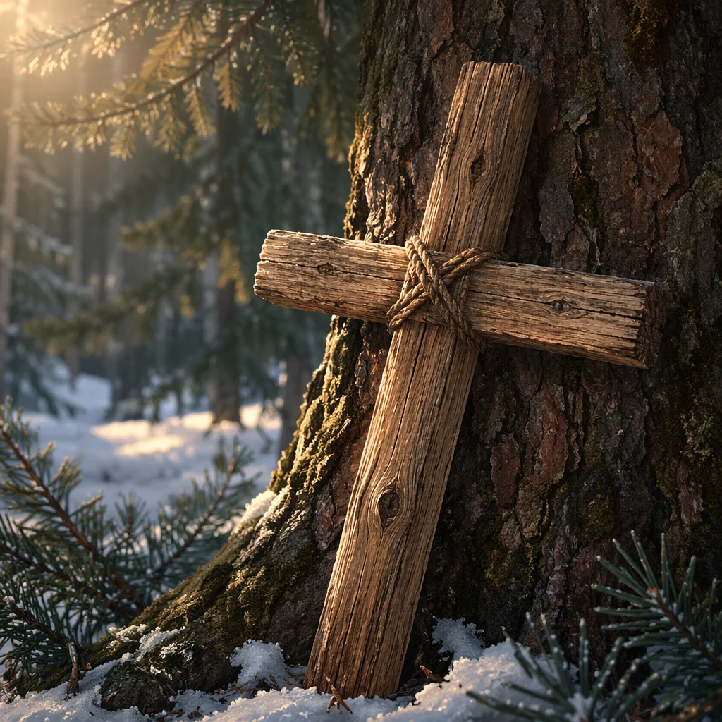 Rugged Wooden Cross by Evergreen Tree