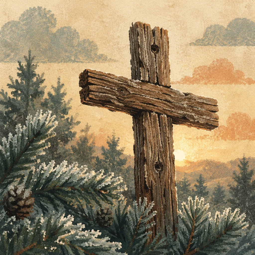 Rugged Wooden Cross Among Frosted Evergreens
