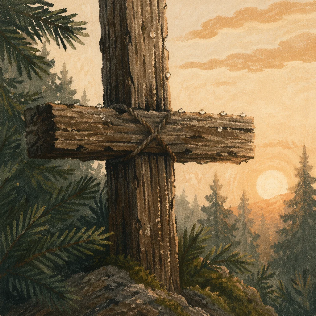 Rugged Wooden Cross in Evergreen Forest
