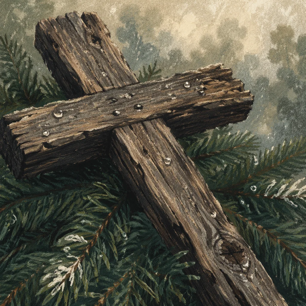 Weathered Wooden Cross Among Evergreen Boughs