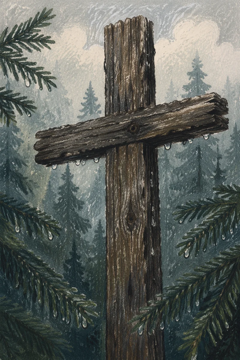 Weathered Cedar Cross in Evergreen Rain