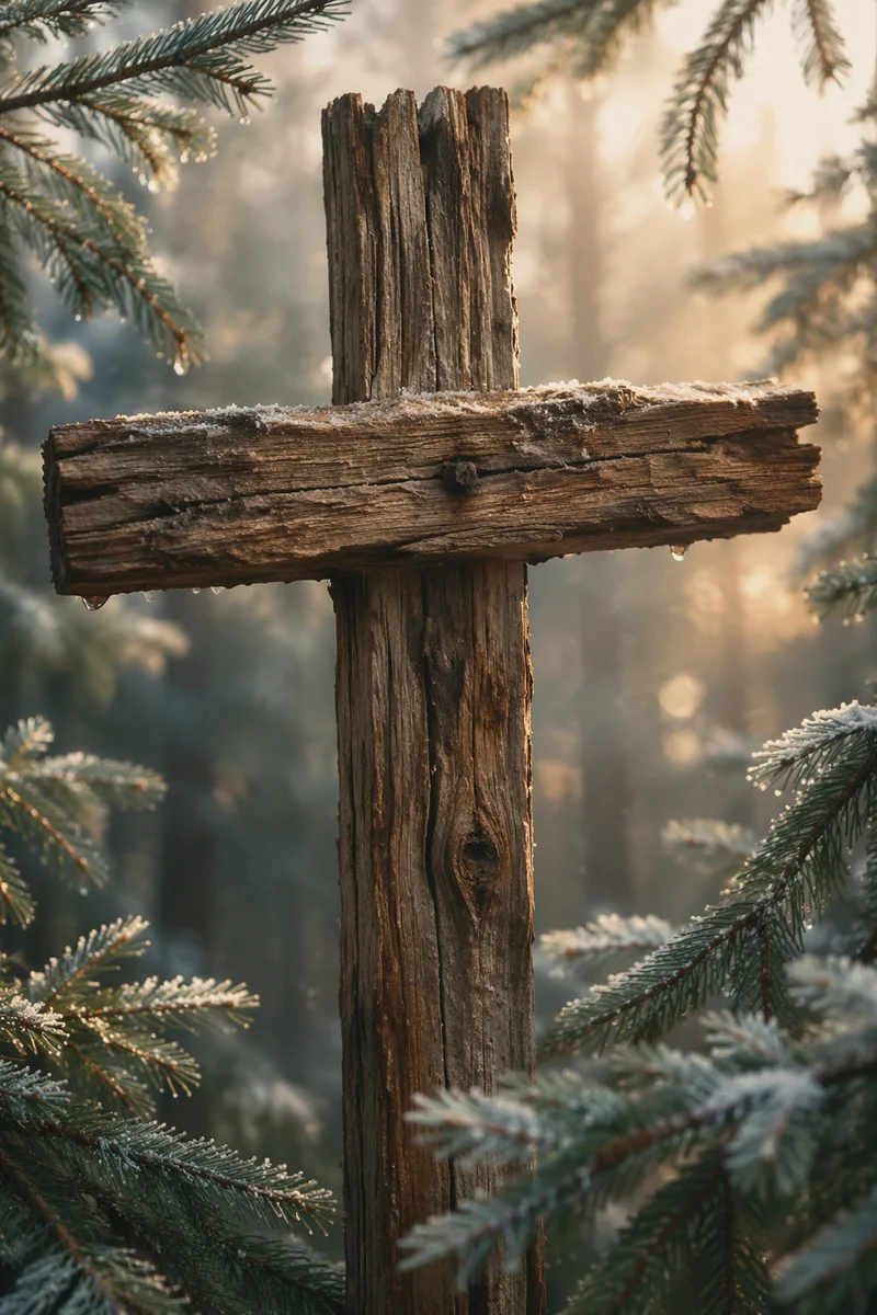 Rugged Wooden Cross in Evergreen Forest