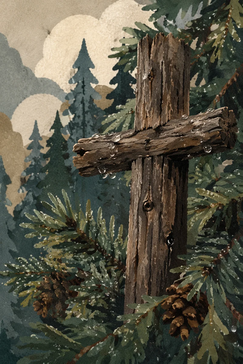 Rugged Wooden Cross Among Rainy Evergreens