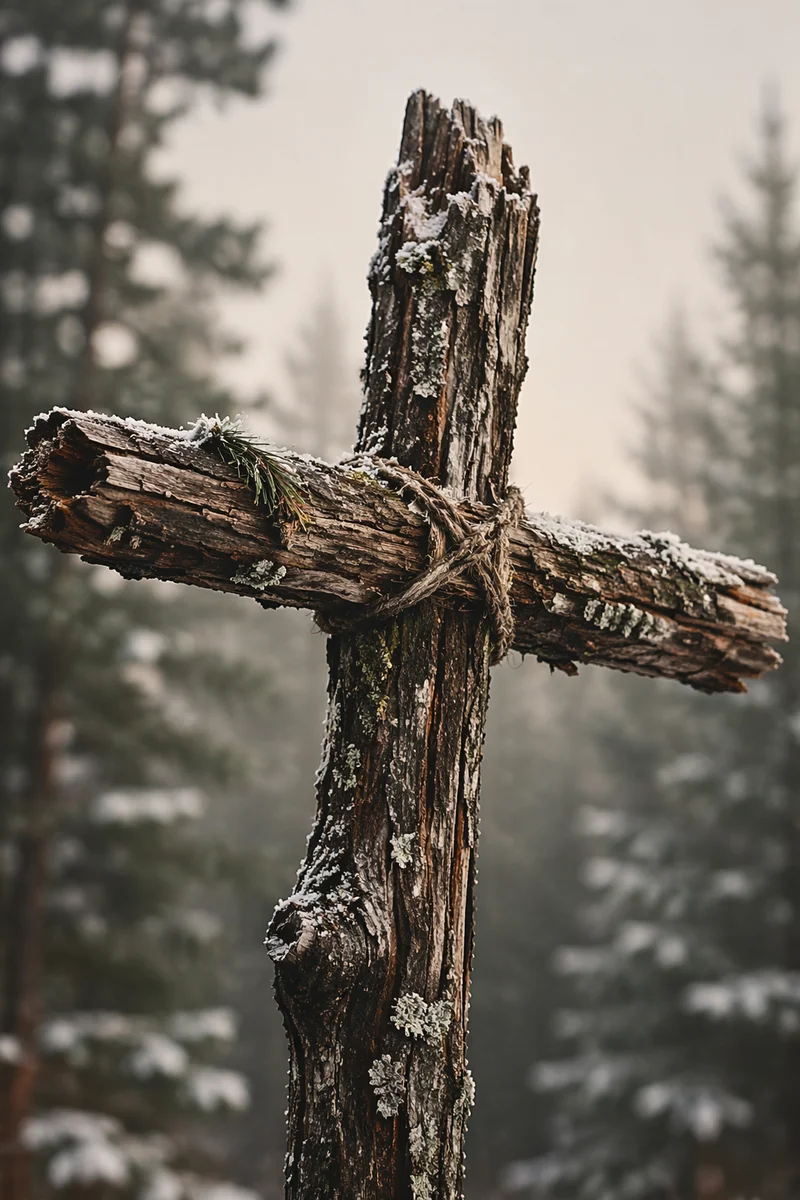 Rugged Wooden Cross in Evergreen Forest