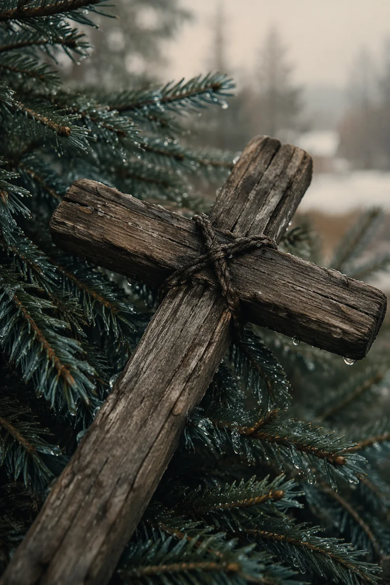 Rugged Wooden Cross in Evergreen Texture