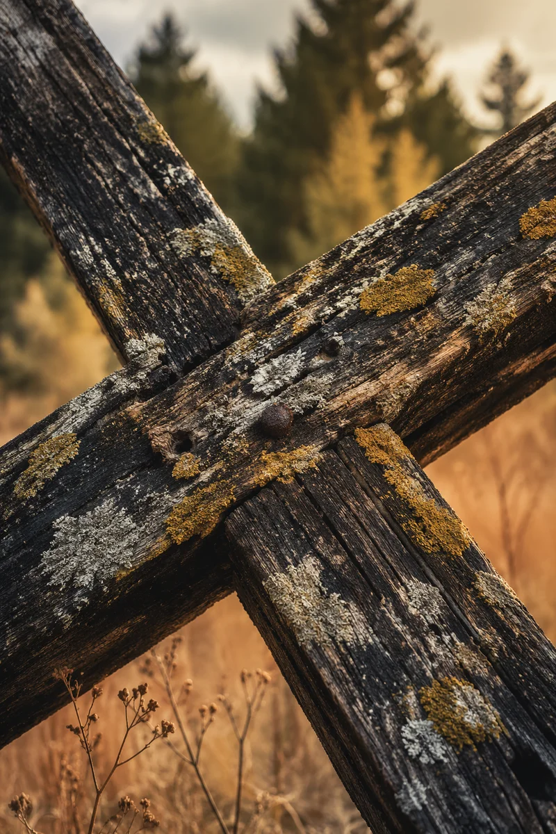 Weathered Wooden Cross Macro in Evergreen Light