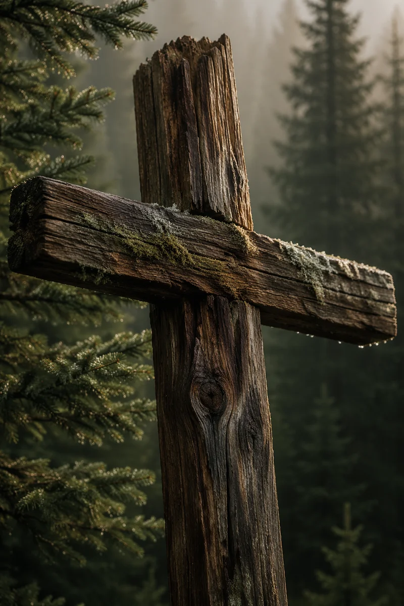 Rugged Wooden Cross in Evergreen Forest