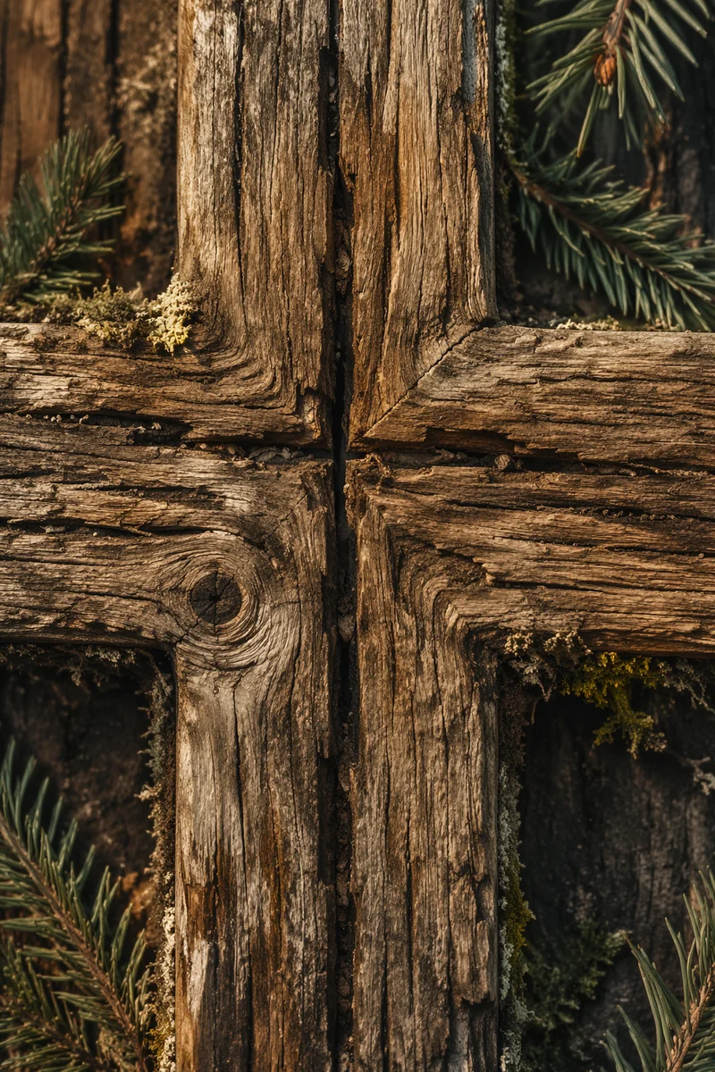 Rugged Wooden Cross with Evergreen Texture
