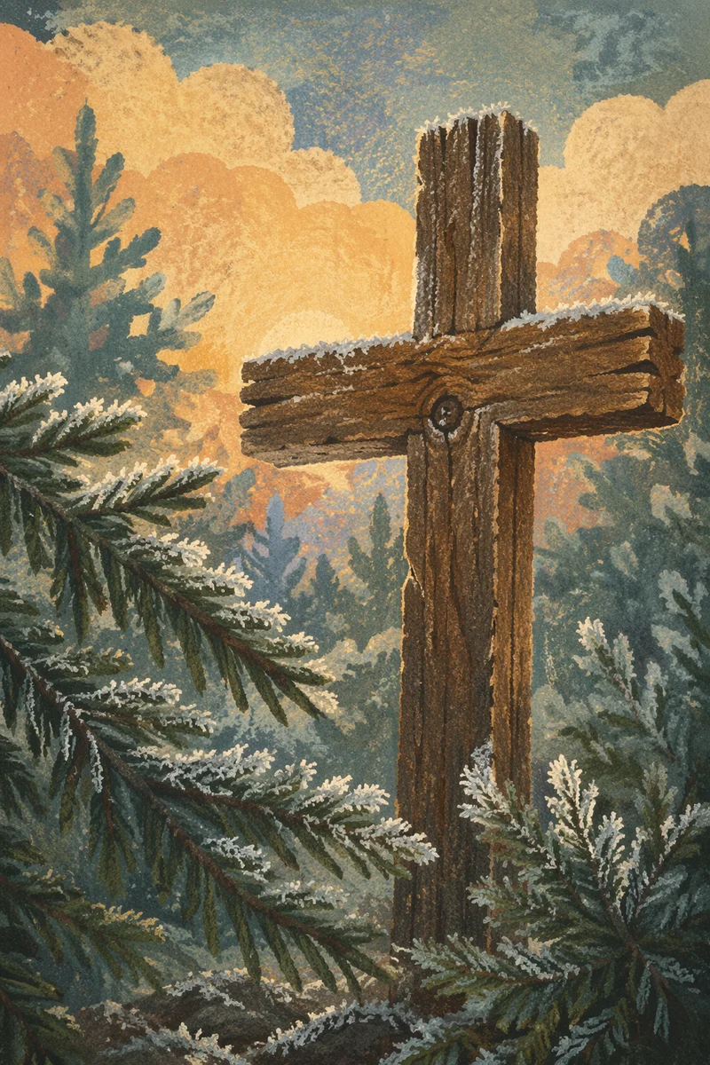 Rugged Wooden Cross in Evergreen Frost