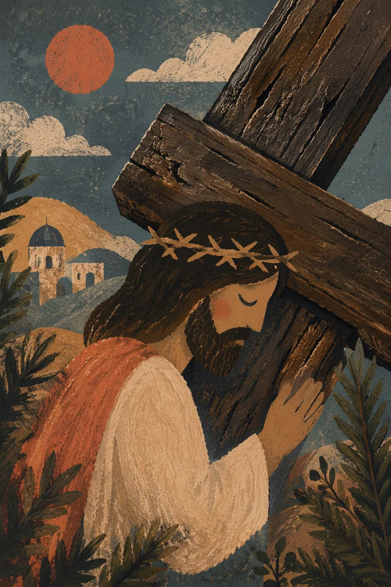 Rugged Wooden Cross Texture with Evergreen Sprigs