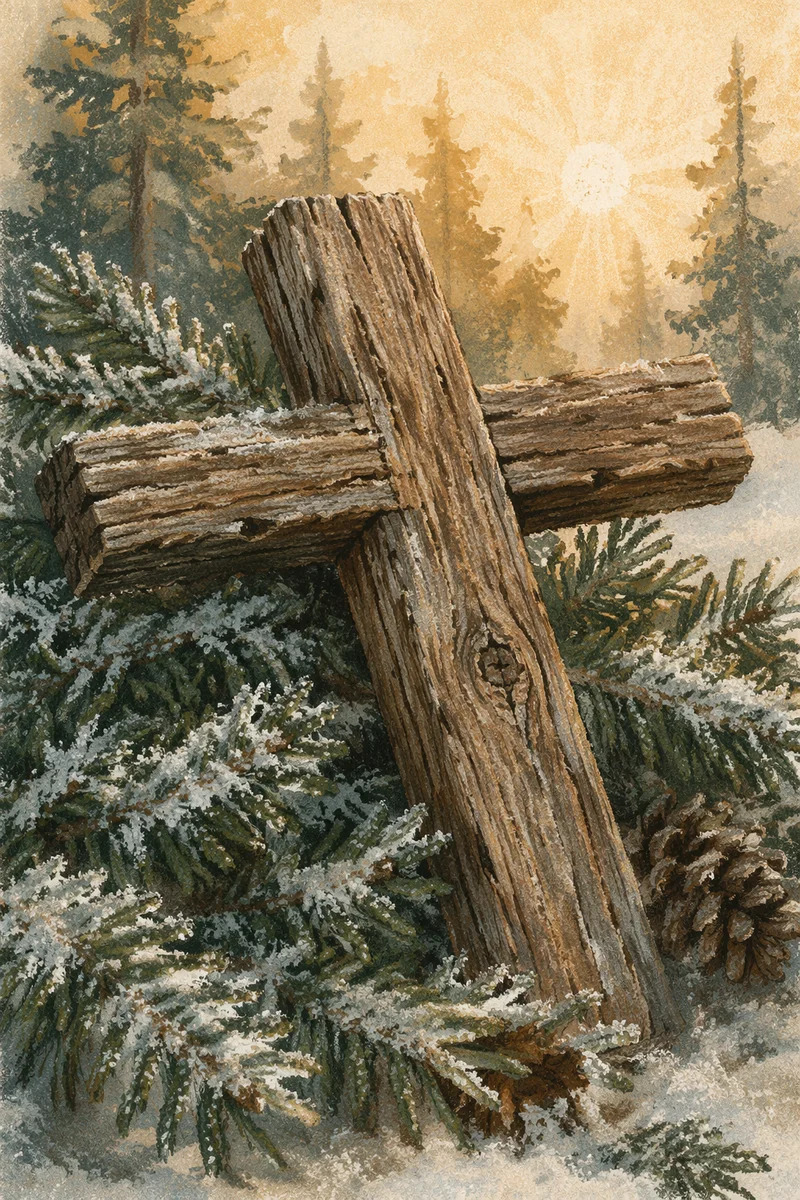Rugged Wooden Cross Among Frosted Evergreens