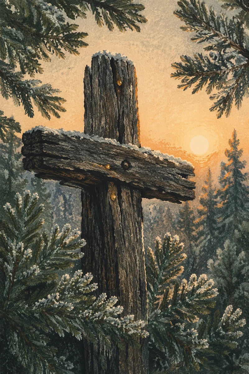 Weathered Wooden Cross Among Frosted Evergreens