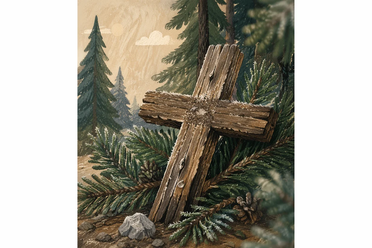 Rugged Wooden Cross Among Evergreen Branches