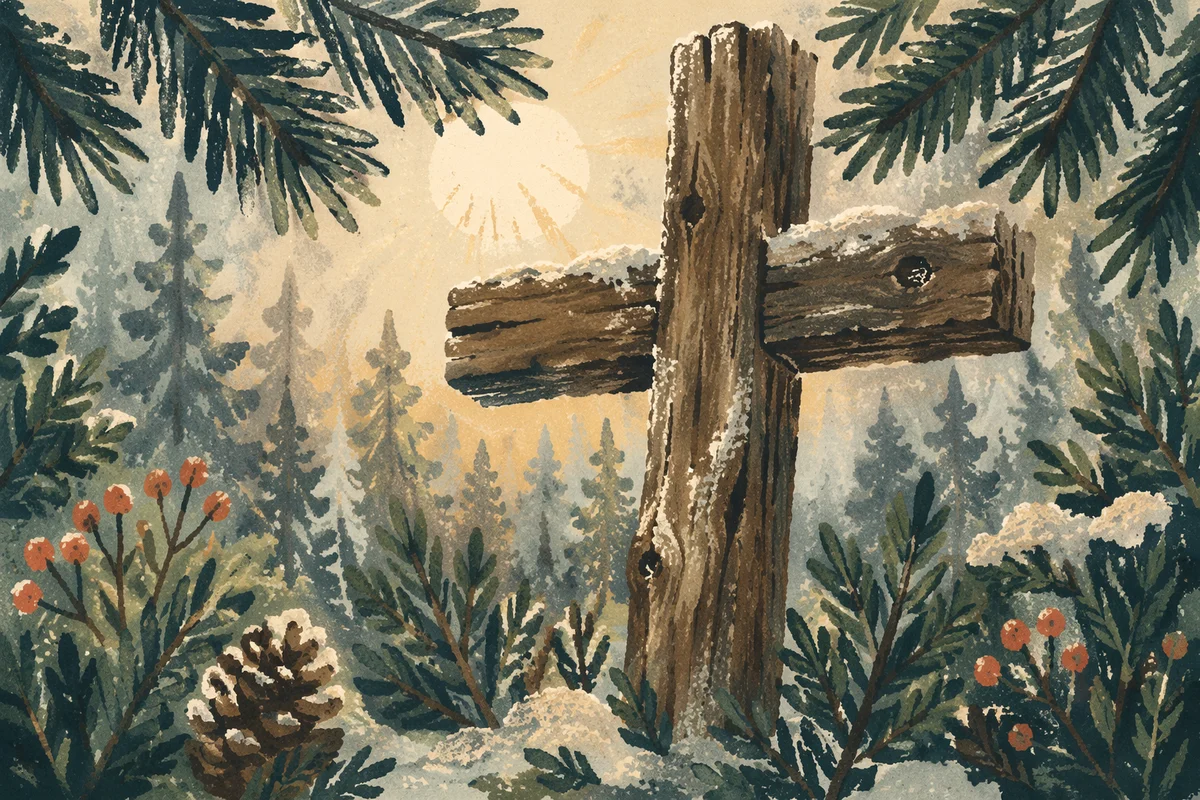 Rugged Wooden Cross in Evergreen Frost