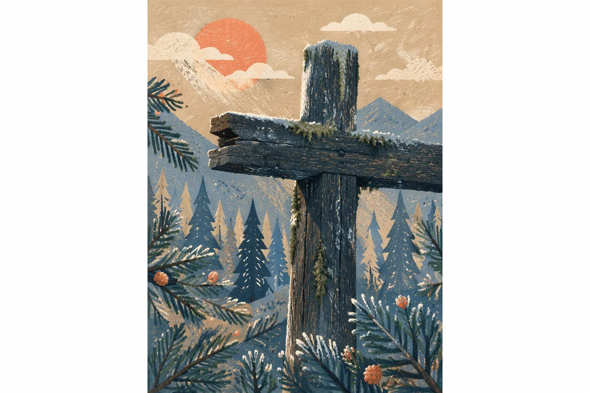 Rugged Wooden Cross in Evergreen Forest