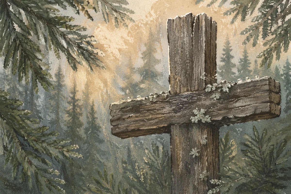 Rugged Wooden Cross in Evergreen Forest