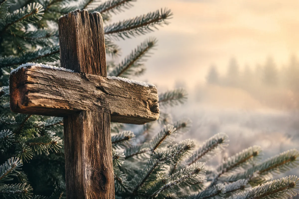 Rugged Wooden Cross Among Frosted Evergreens