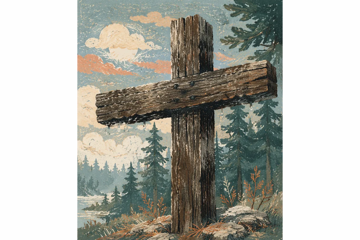 Rugged Wooden Cross in Evergreen Mist