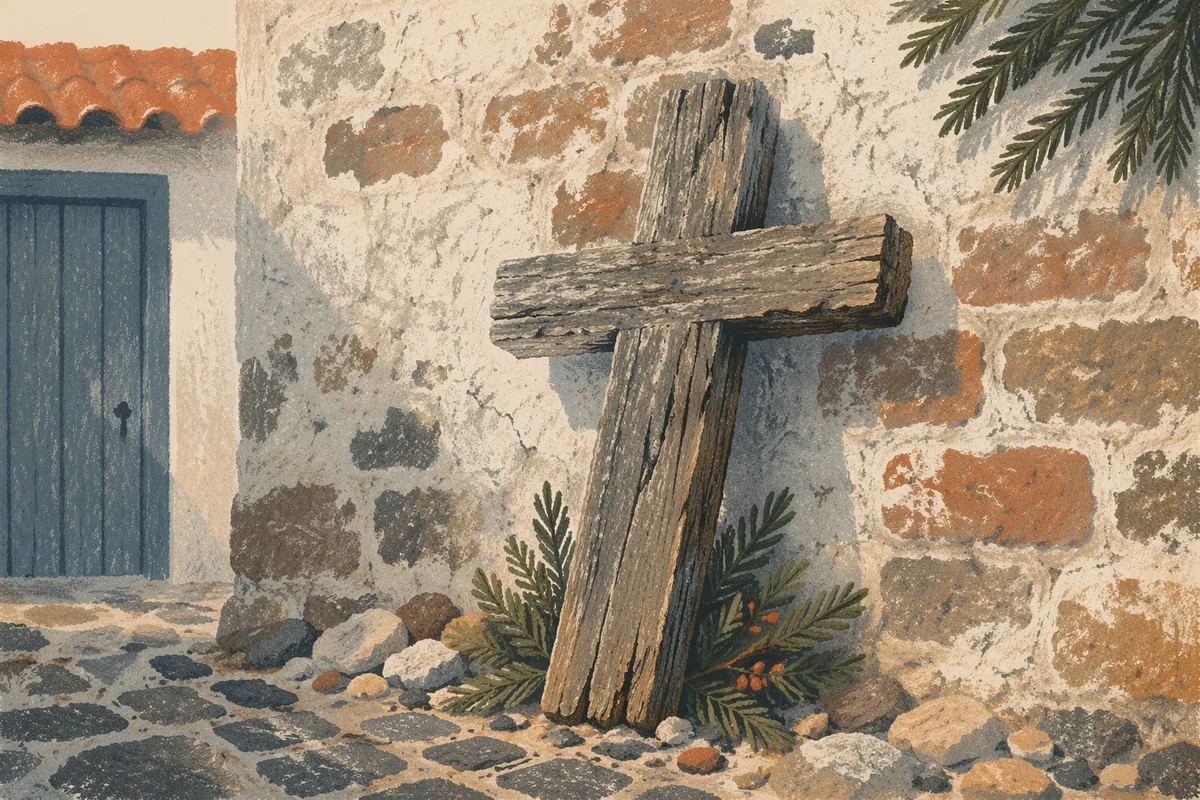 Rugged Wooden Cross with Evergreen Sprigs