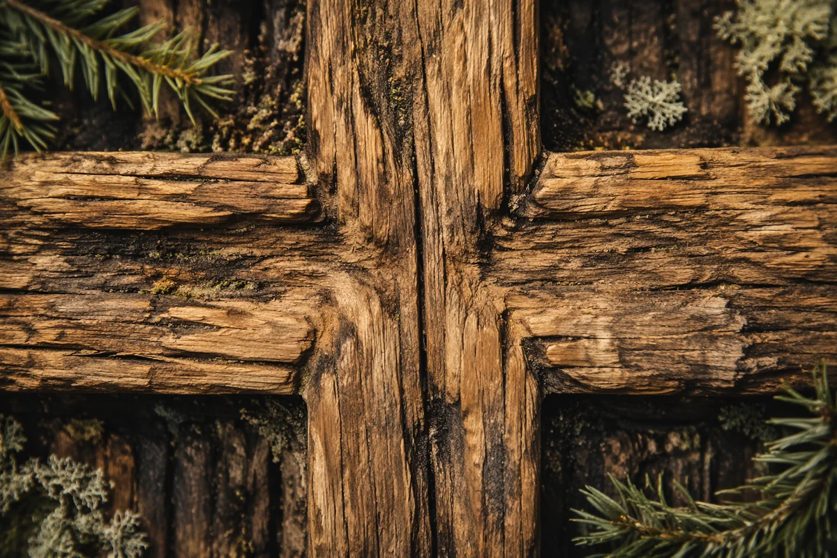 Rugged Wooden Cross Evergreen Texture Close Up