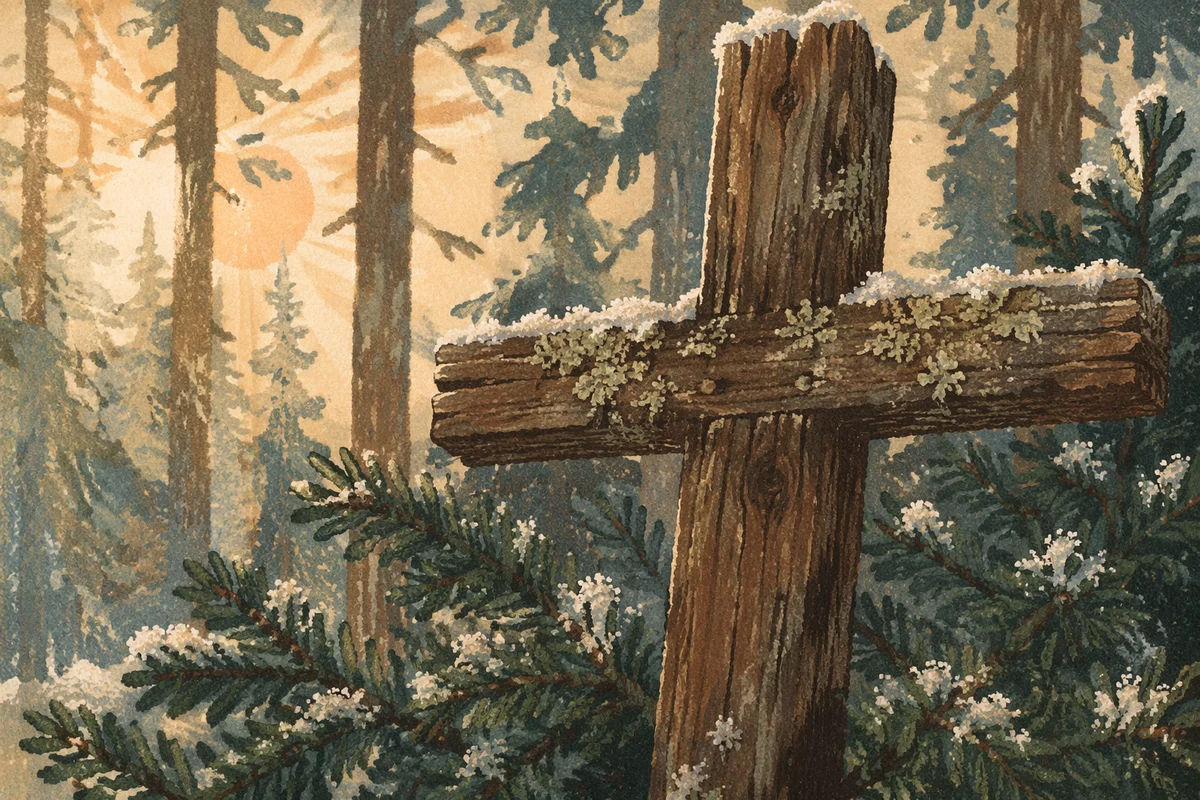 Rugged Wooden Cross in Evergreen Winter Forest