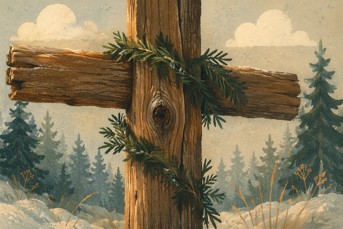 Rugged Wooden Cross with Evergreen Sprigs