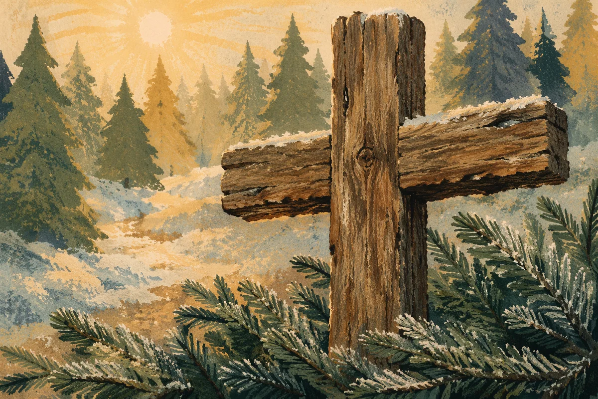 Rugged Wooden Cross Among Frosted Evergreens