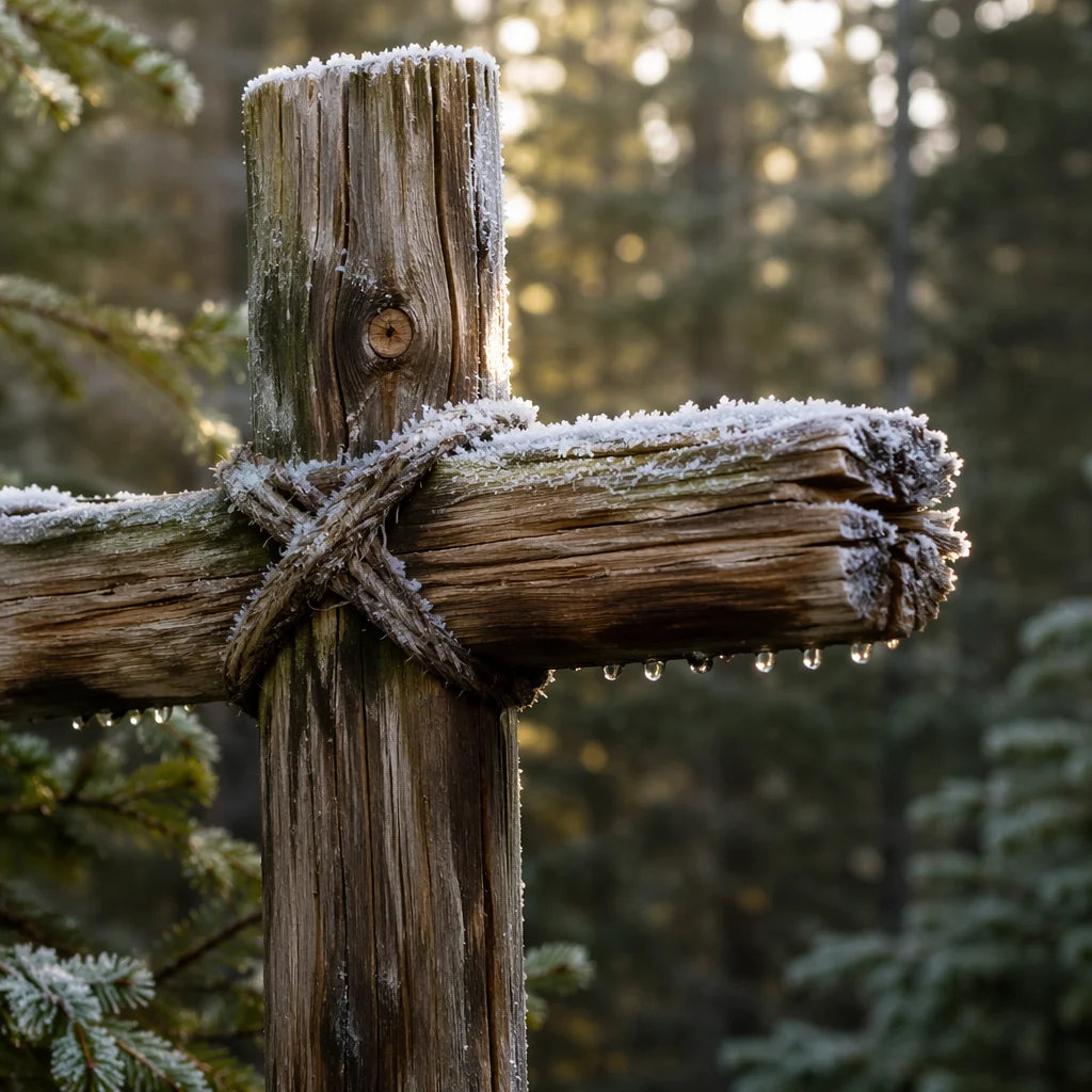 Rugged Wooden Cross in Evergreen Frost