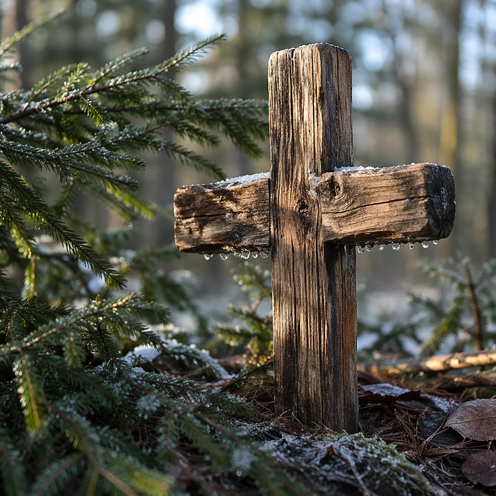Rugged Wooden Cross Among Evergreen Branches