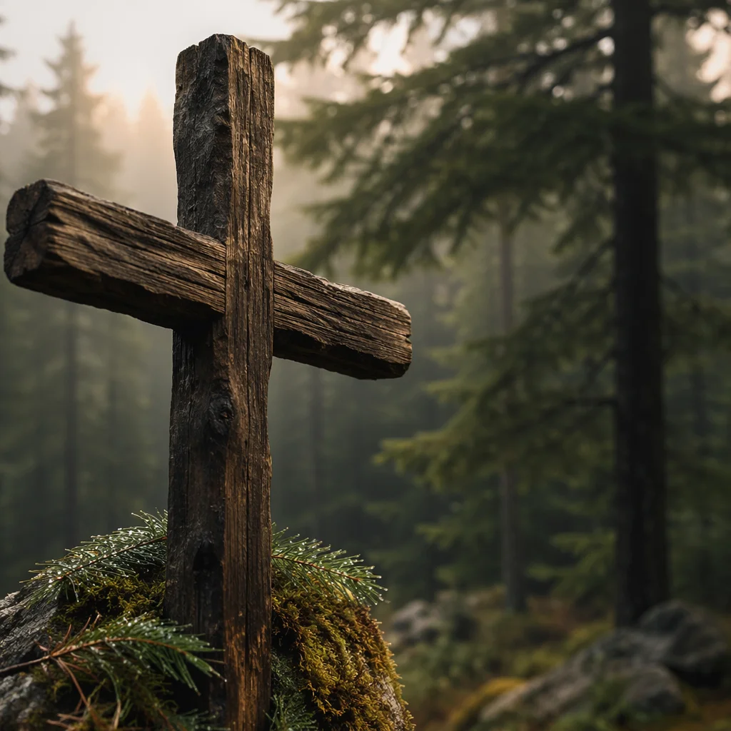 Rugged Wooden Cross in Evergreen Dawn