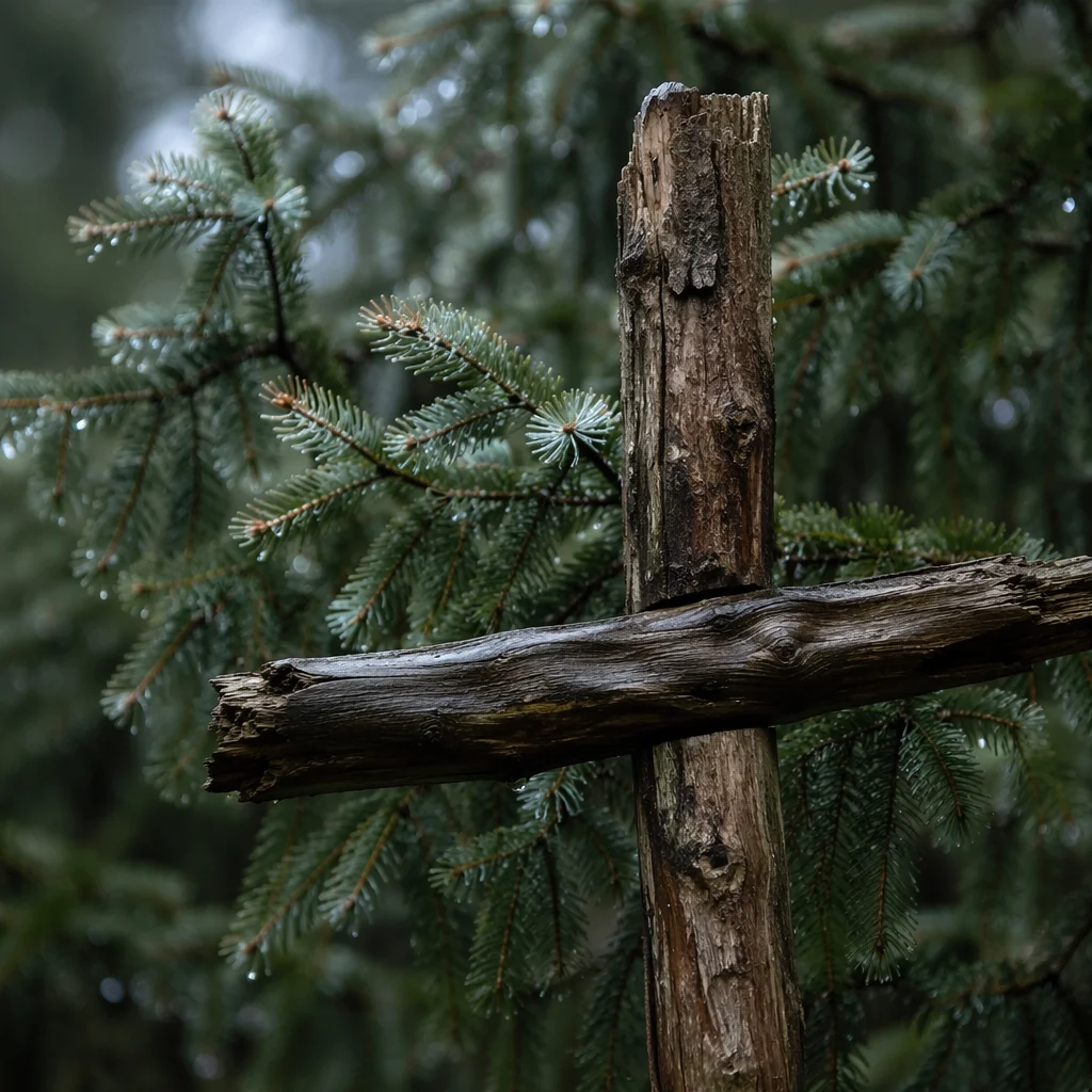 Rugged Wooden Cross Among Evergreens