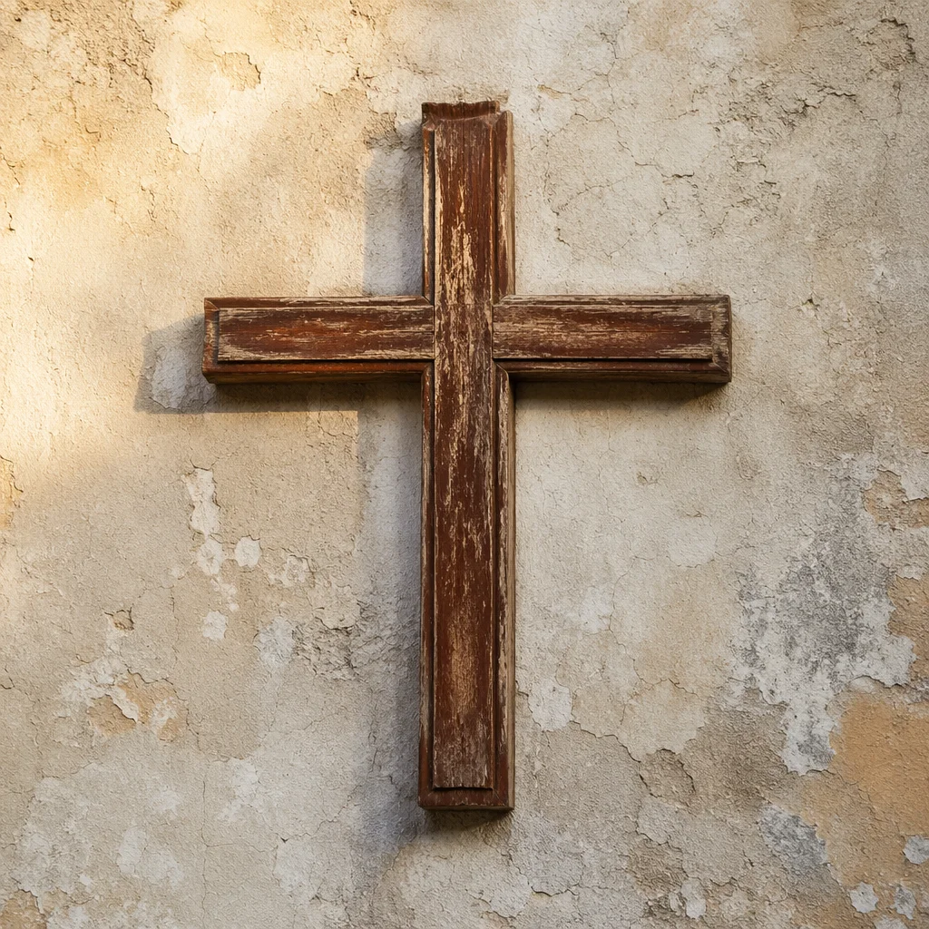 Weathered Wooden Cross on Plaster Wall