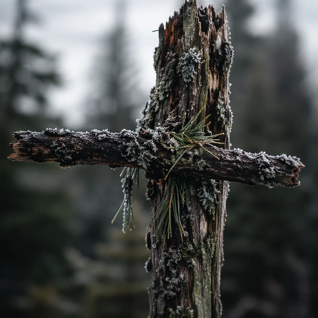 Weathered Wooden Cross in Evergreen Forest