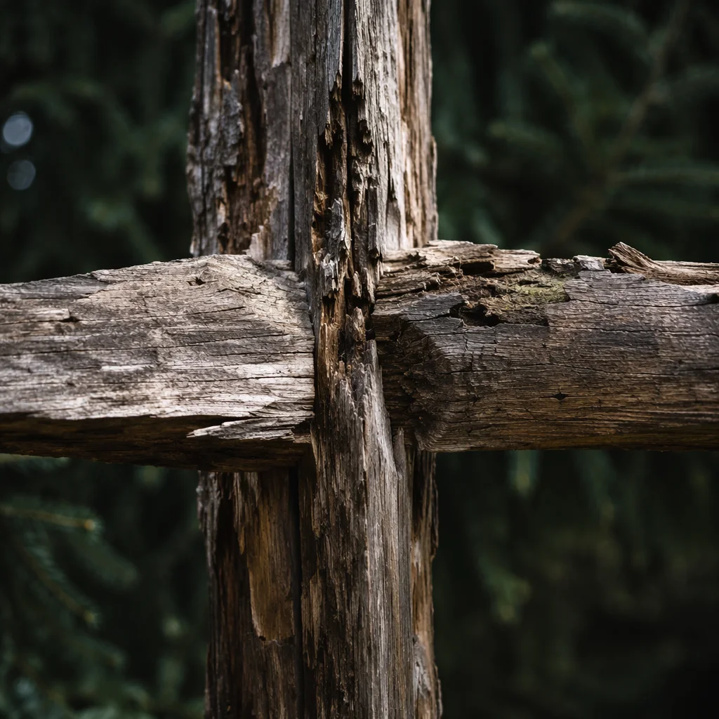 Rugged Wooden Cross with Evergreen Texture