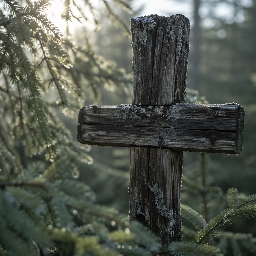 Rugged Wooden Cross in Evergreen Forest