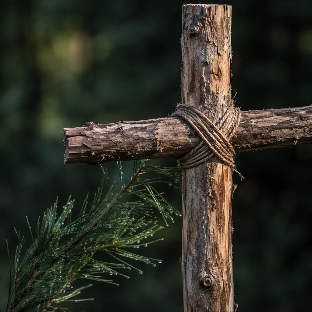 Rugged Wooden Cross in Evergreen Dawn