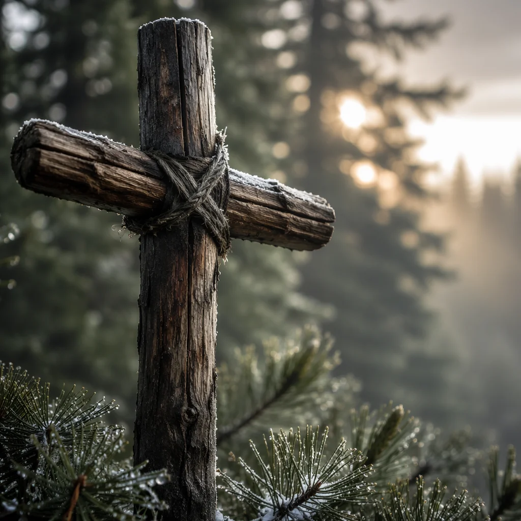 Rugged Wooden Cross in Evergreen Dawn
