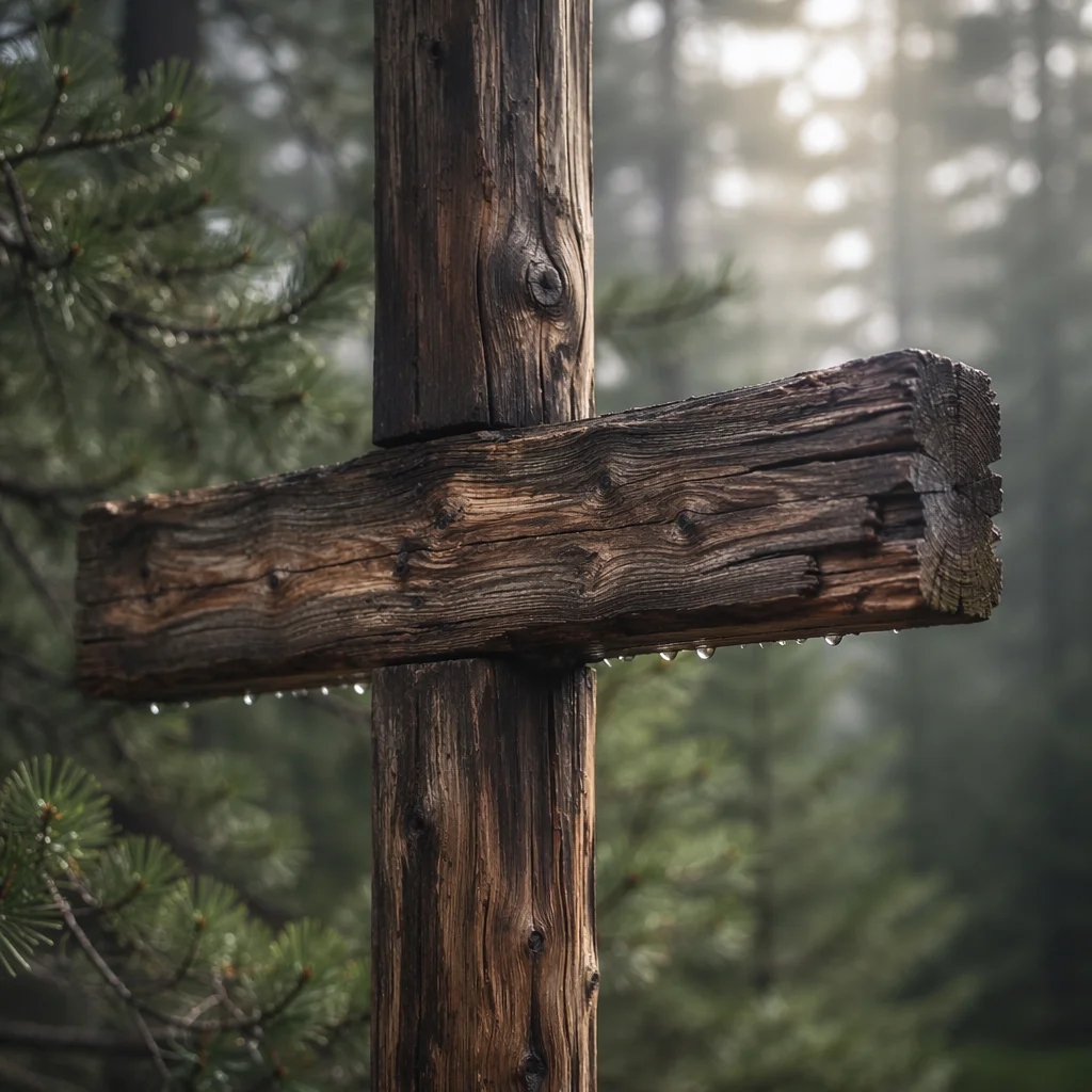 Rugged Wooden Cross in Evergreen Mist
