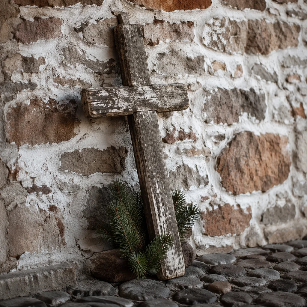 Weathered Wooden Cross Against Stone Wall