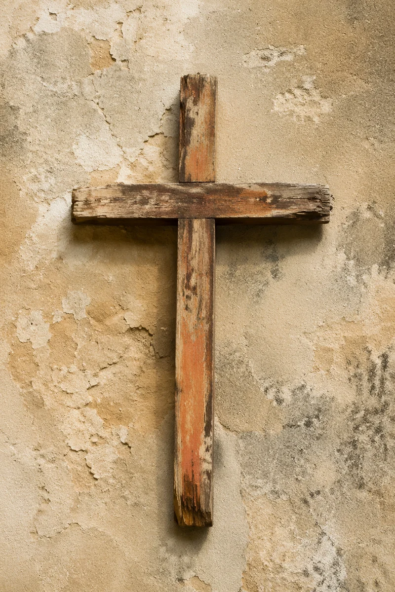 Rugged Wooden Cross on Aged Plaster Wall
